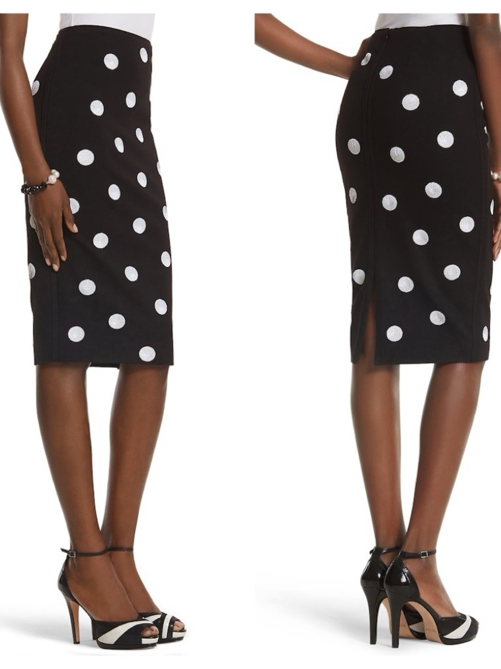 White House Black Market Black Pencil Skirt with White Polka Dots :0011: